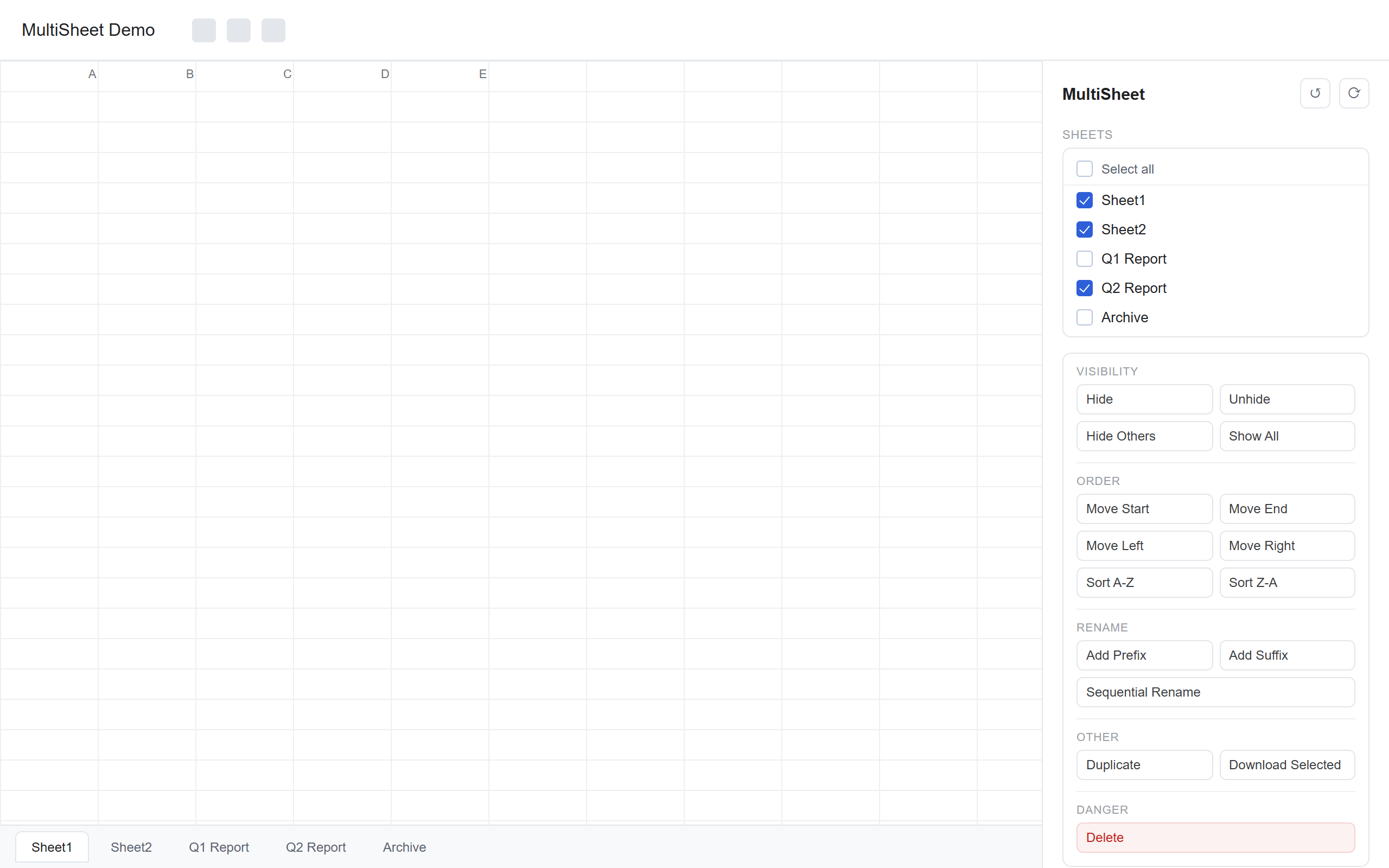 The MultiSheet sidebar open in Google Sheets, with three sheets selected and action groups for Visibility, Order, Rename, Other, and Danger.